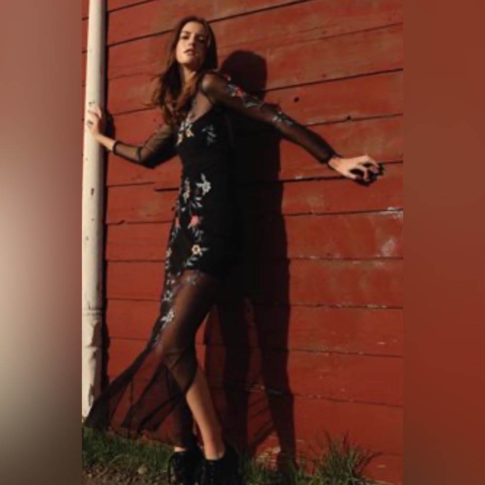 🌸✨ Free People Black Floral Embroidered Maxi Dress Boho Festival Prairie: XS
